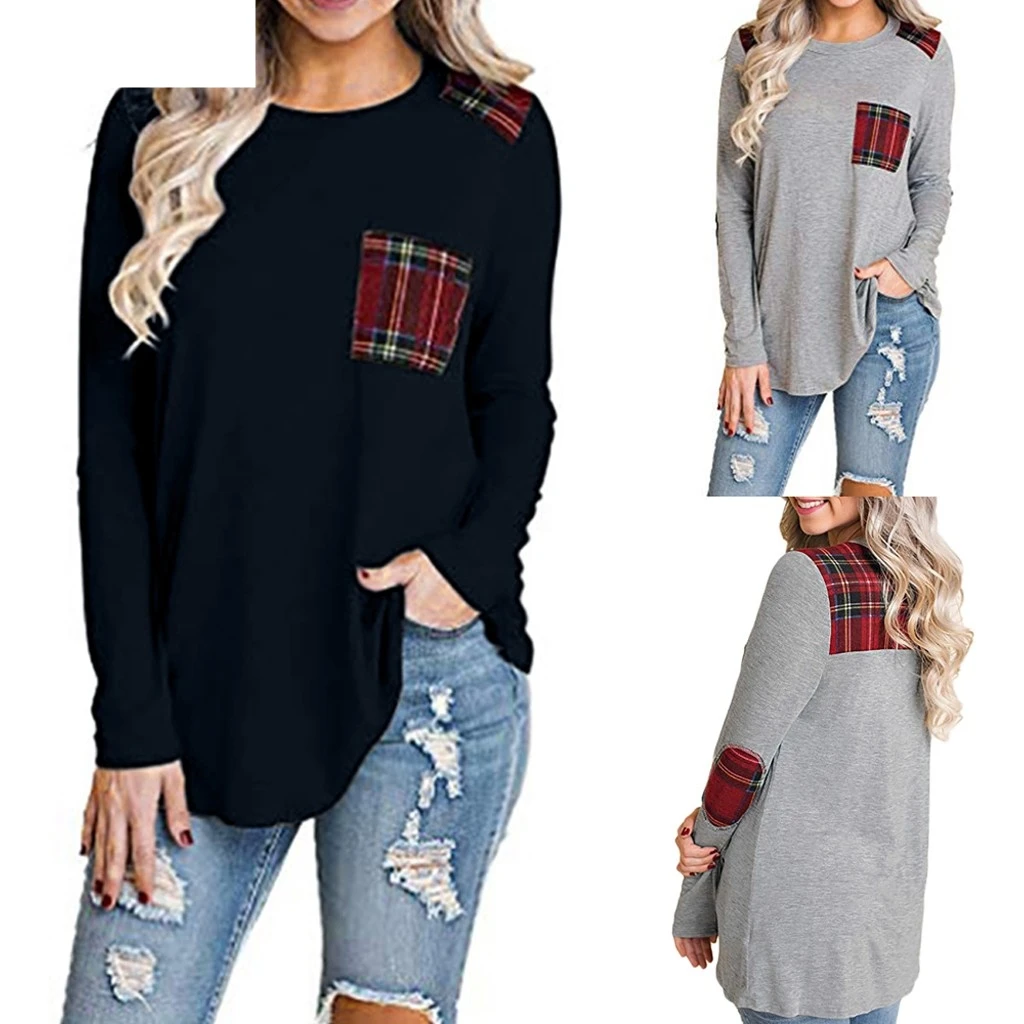 

JAYCOSIN Women's Letter Clothes Womens Long Sleeve Elbow Patch Shirt Plaid Color Block Pocket Knit Tops Dropshiping 18NOV22