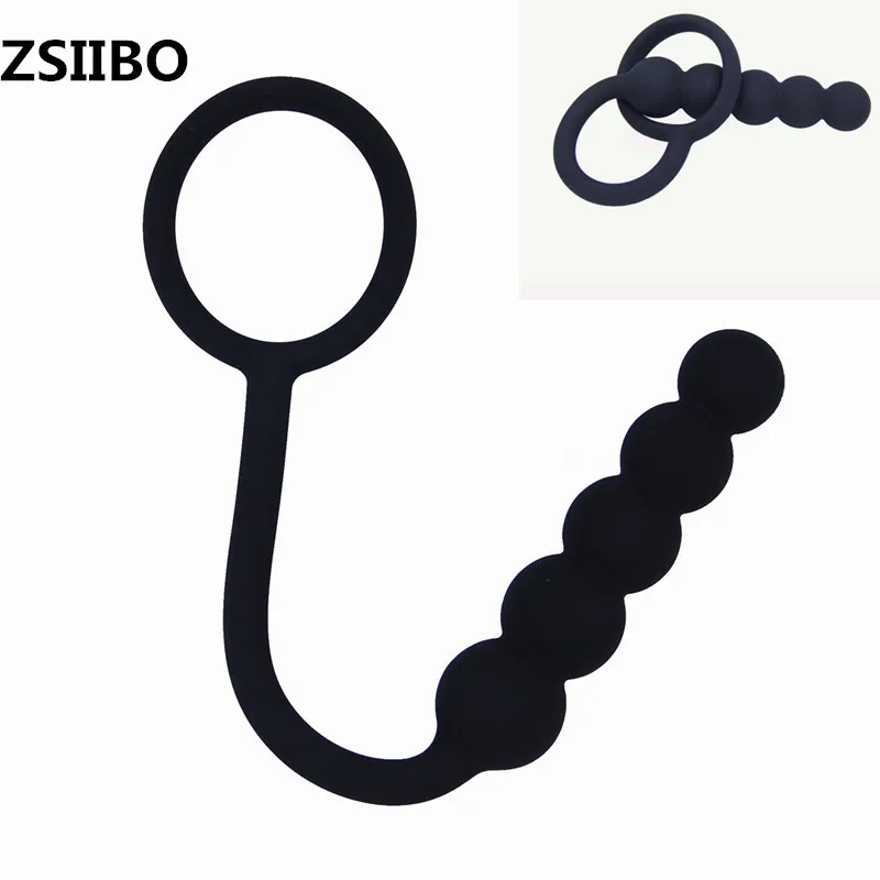 Toys for adults anal plug Black silicone toy Penis ring Five beads Vaginal stimulation Anal filling sex toys for woman butt plug