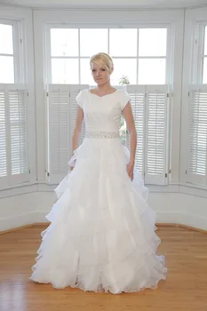

A-line Ruffles Organza Long Modest Wedding Dresses With Cap Sleeves Corset Back Women Formal LDS Bridal Gowns Modest Custom Made