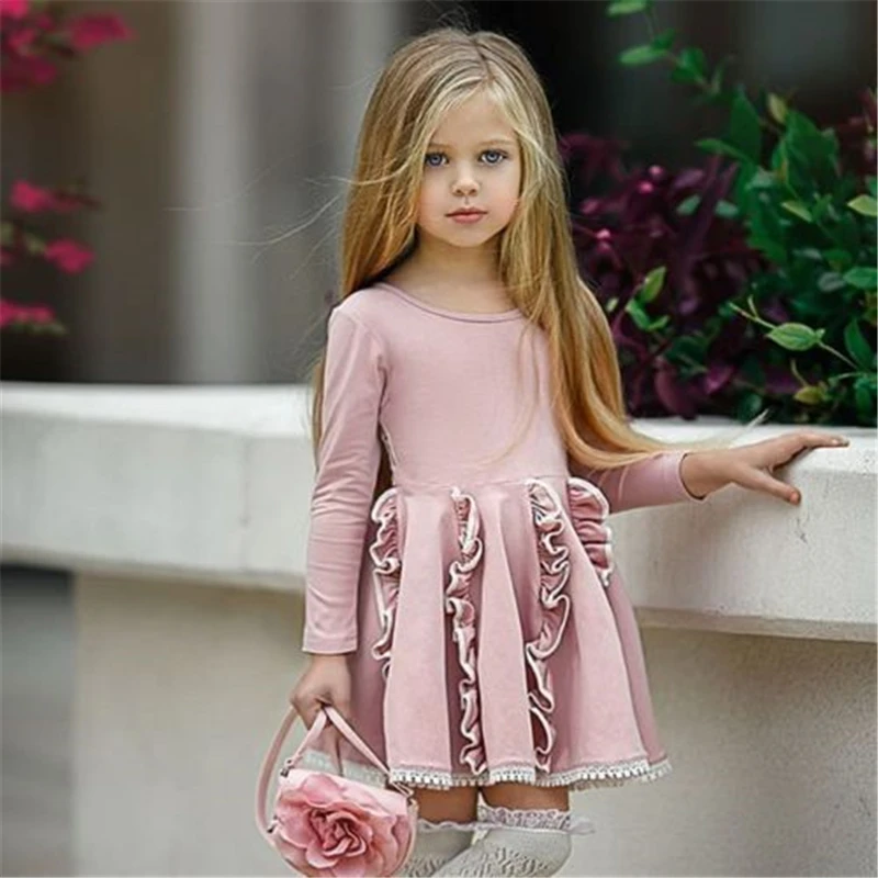 Хлопковое розовое Повседневное платье с длинными рукавами для маленьких девочек весеннее платье для маленьких девочек