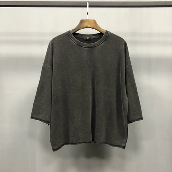 

2019 Spring West Half-sleeve Distressing Sweatshirt Hip hop Short Length Loose Pullover Thin Terry Cotton Streetwear