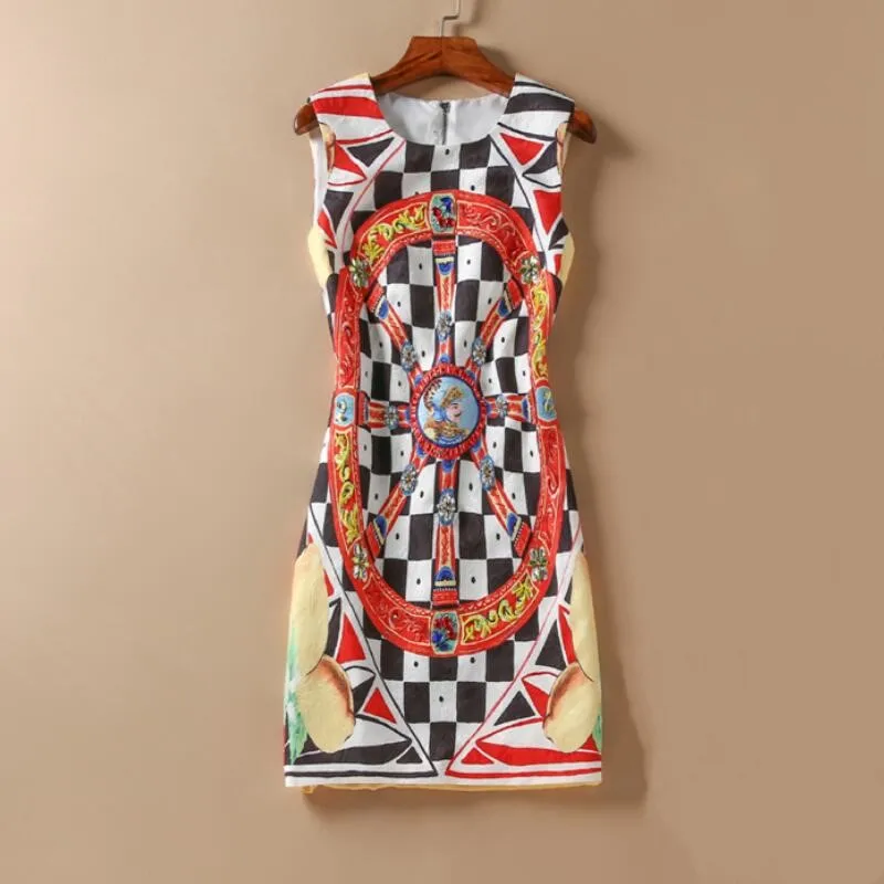 

Women Runway Dress 2019 High Quality Summer O-Neck Sleeveless Printed Beading Dresses Casual Mini Dress NP0383N