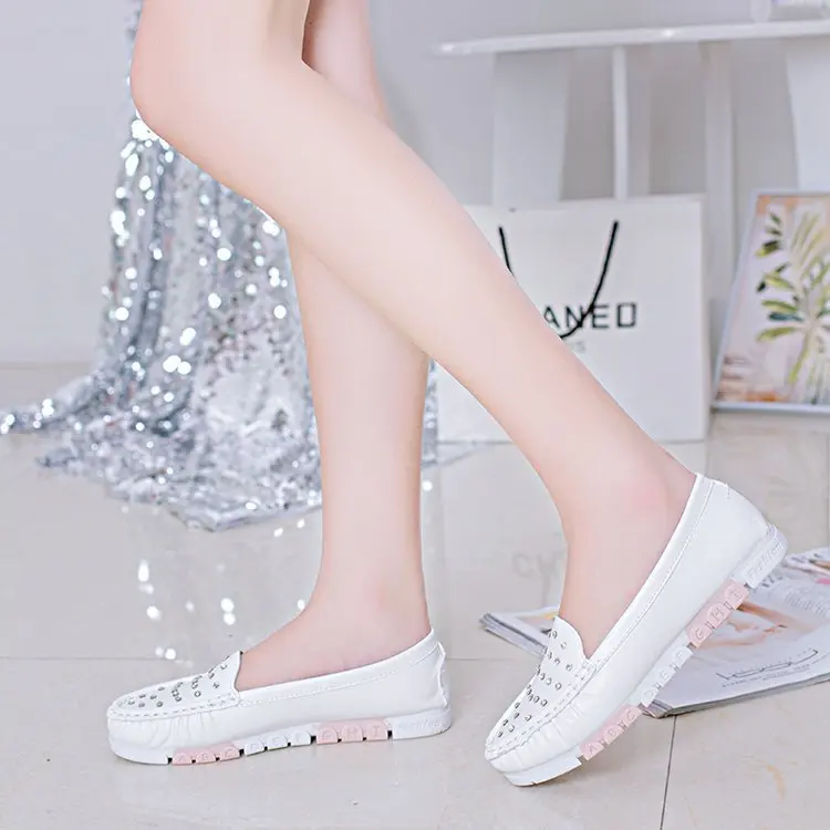 

2019 Spring&fall Women's Flat Casual Shoes Breathable Genuine Leather Casual Crystal Doug Shoes White Shoes Slip-on EUR35-39