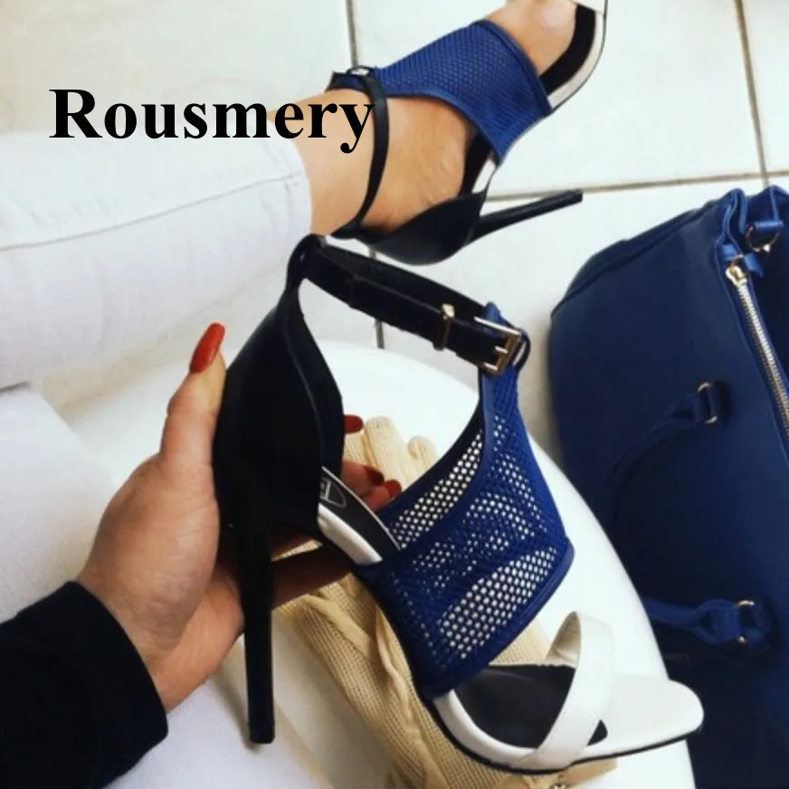 

2018 Newest Summer Mixed Colors Buckle Sexy Thin High Heel Fashion Blue Net Rome Style Women Sandals High Quality Normal Size