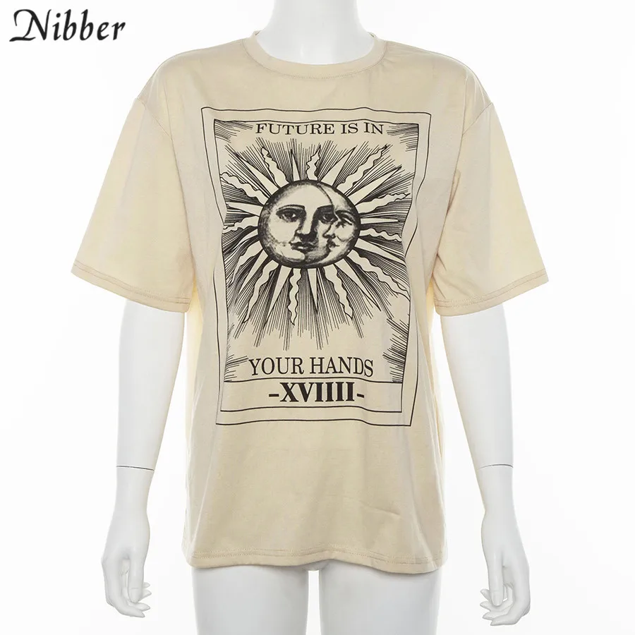 Nibber/Харадзюку, свободные топы с принтом, женские хлопковые T-shirt2019summer, уличные повседневные Стрейчевые тонкие футболки, базовая парная футболка