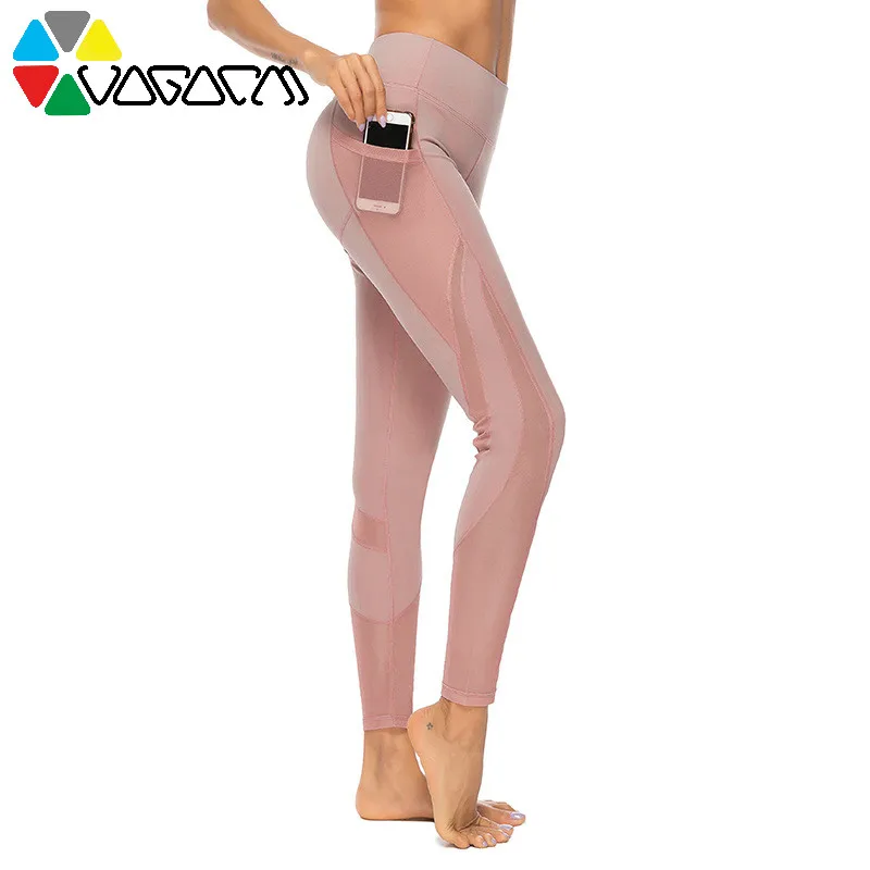 

2019 New Style Solid Color Mobile Phone Pocket Yoga Pants Movement Fitness Mesh Panel Leggings Femme Hip Up Seamless Pink Pants