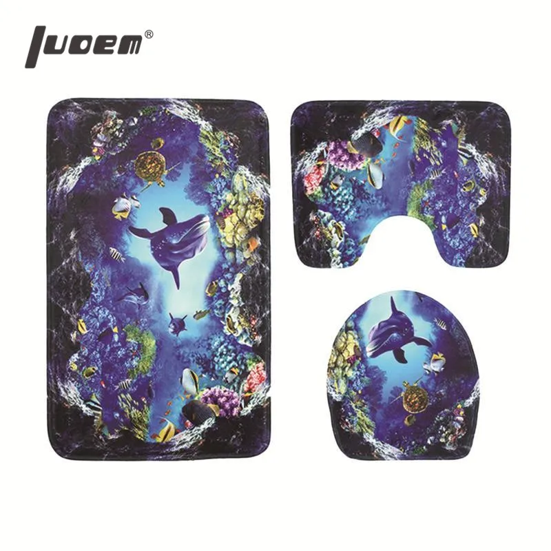 

LUOEM Three Pieces 3D Effect Printed Bathroom Mat Set Non-Slip Bath Mat Toilet Rug Closestool Lid Cover