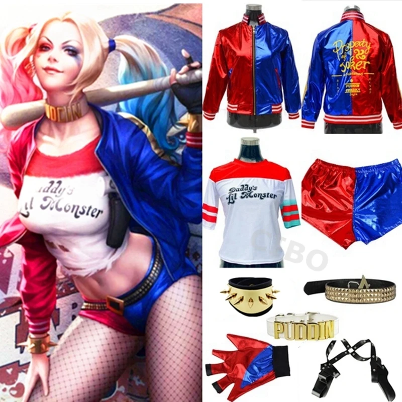 

Suicide Squad Harley Quinn Batman Cosplay Costume Full Set Accessories Halloween Costumes For Adult T-Shirt Top Jacket Pants