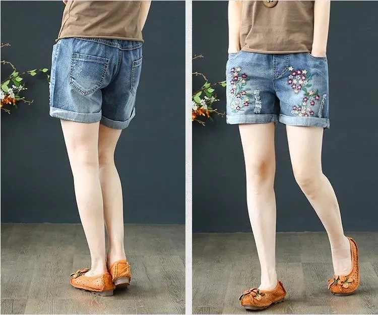 Вышивка Цветочные отверстия хлопковые джинсовые шорты женские летние 2019 повседневные свободные большие размеры M-3XL