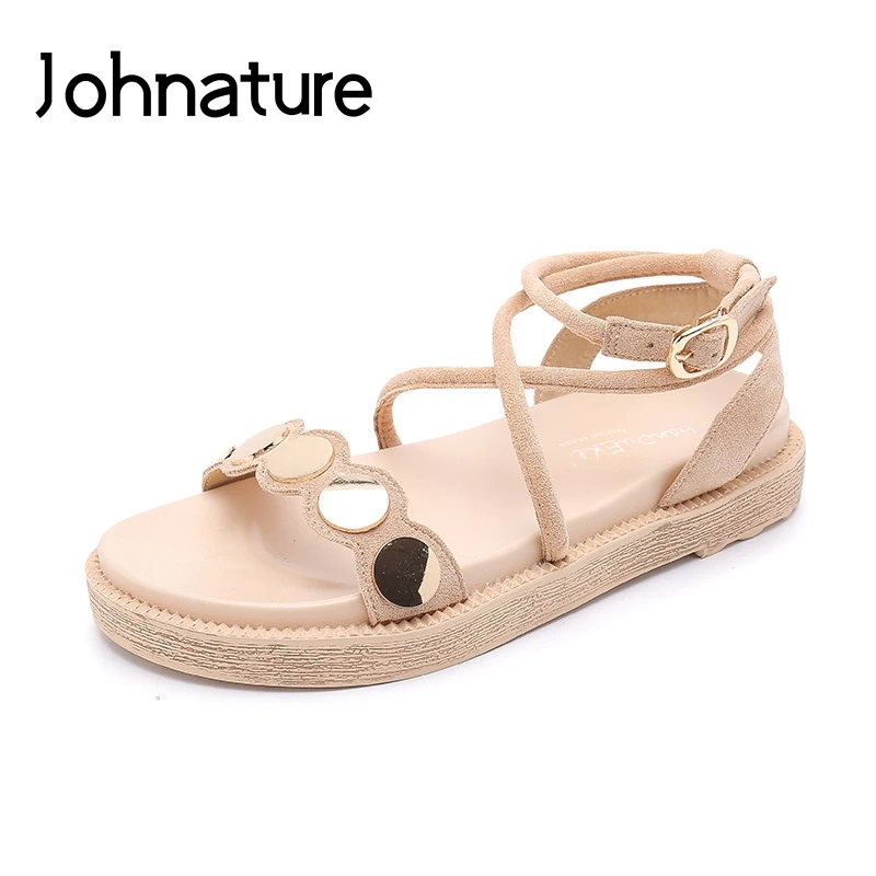 

Johnature Casual Buckle Strap Platform Sandals 2019 New Summer Solid Color Flat With Cross-tied Concise Sewing Women Shoes