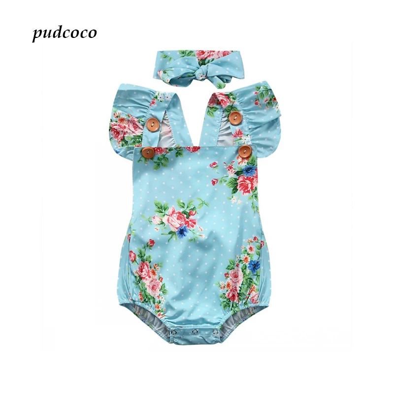 

2018 Hot Newborn Baby Girls Cotton Clothes Print Floral Bodysuit Jumpsuit +Headband 2pcs Sunsuit Clothes Set