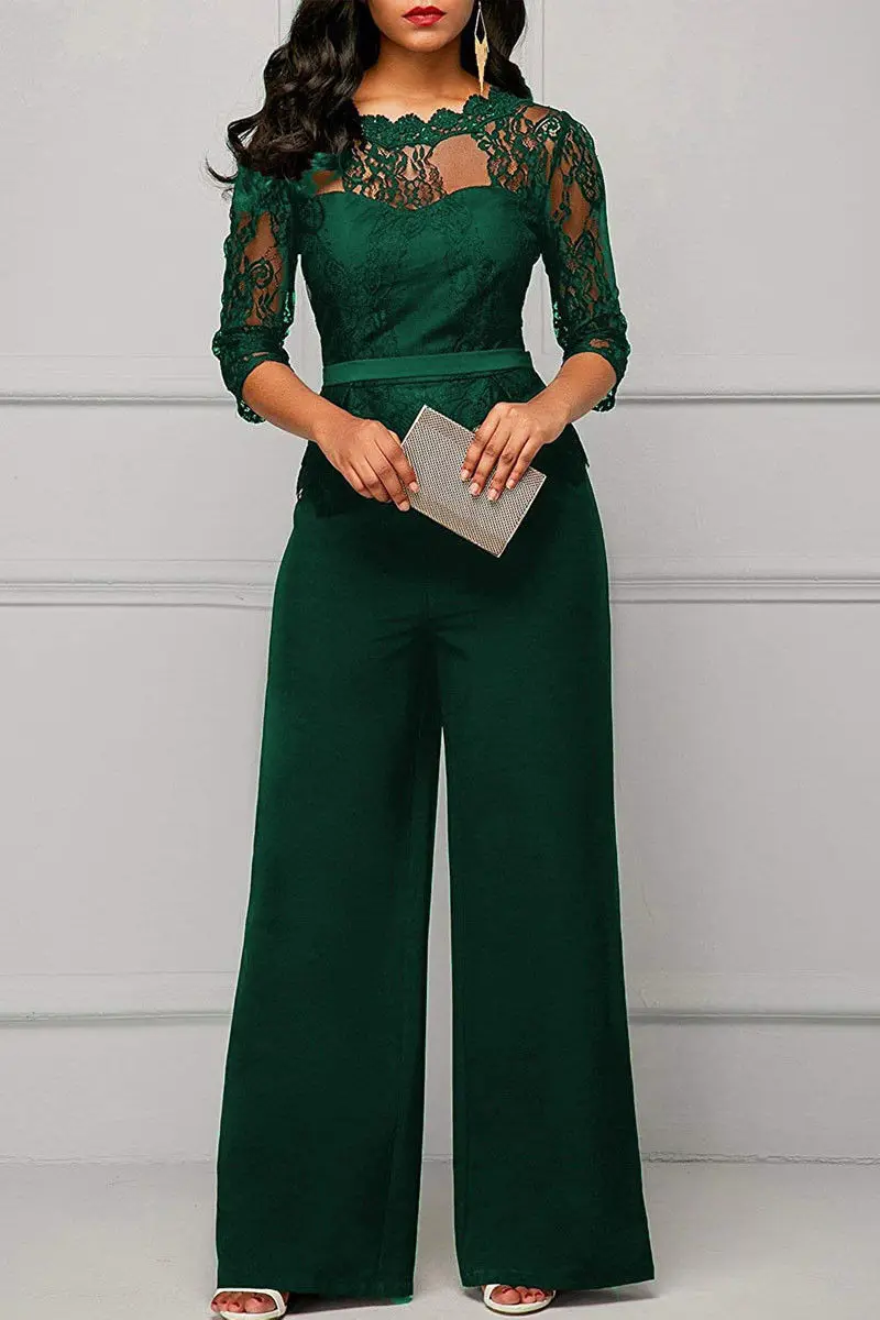 Женский модный Повседневный однотонный Летний комбинезон с кружевом, облегающие Вечерние брюки, клубная одежда - Цвет: Зеленый