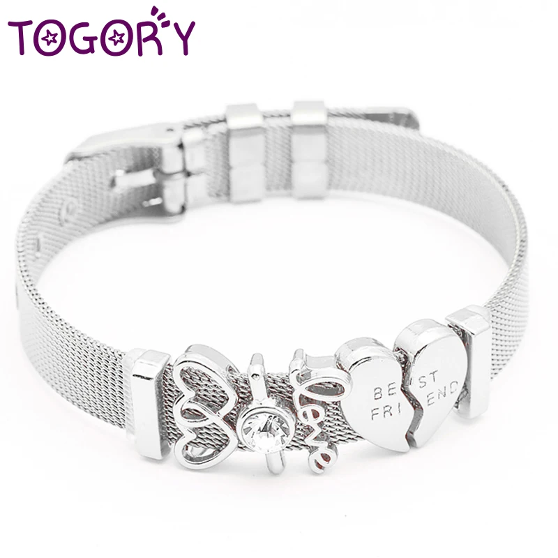 

TOGORY Hot Jewelry Crystal BEST FRIEND Slide Charms Mesh Keeper Bracelets Heart To Heart Bracelets for Women Party Gift