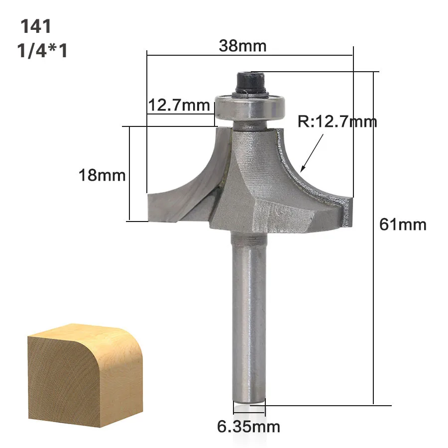 1 шт. круглый над фреза для отделки кромки бит-1/" Радиус-1/4" хвостовик деревообрабатывающий резак - Длина режущей кромки: 141