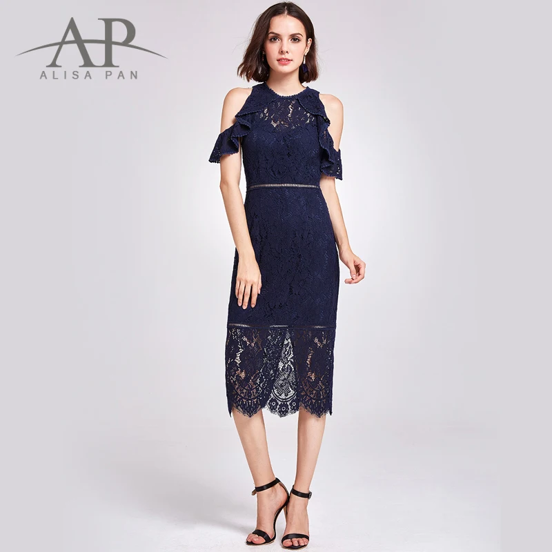 

Dresses New Arrival Women Lace Dress Elegant Off Shoulder Elegant Hollow Out Slim Ruffle Party Dress Alisa Pan AS05920 robe dent