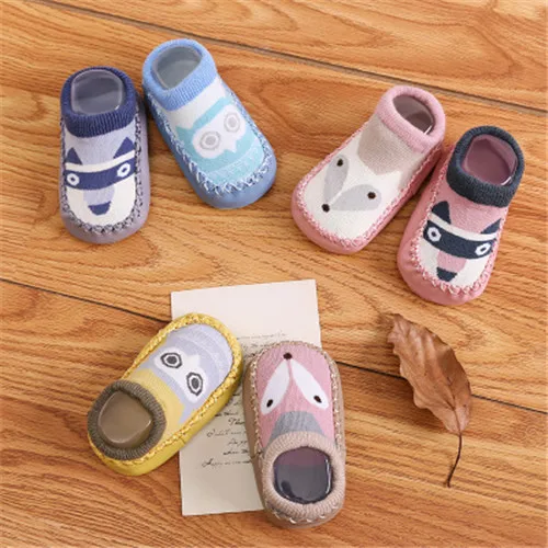 6colors Fox Cartoon printing footwear Floor Socks Faux Leather walking kid infant boys girls winter warmer for children