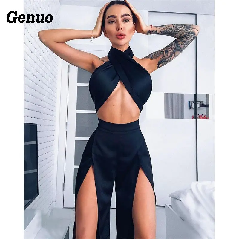 

Two piece set Womens Sexy Bandage Sleeveless halter Crop top Split Wide Leg Pant Female Club Cocktail Party Suit elegant sets