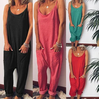 

Wontive Women Sexy Sleeveless Jumpsuits Summer Solid Loose Straight Jumpsuits Rompers Casual Strap Pockets Overalls Playsuit