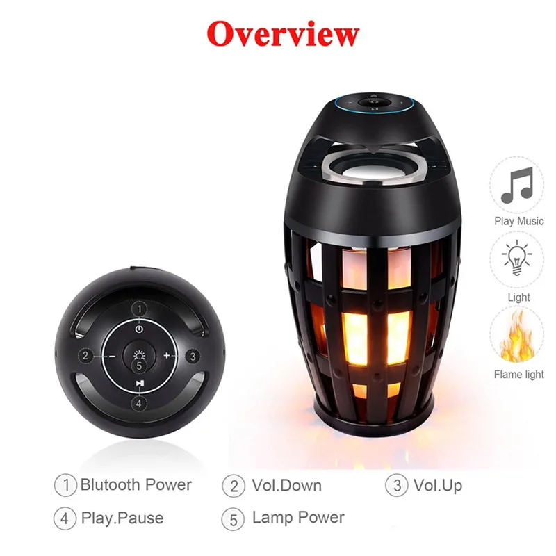 Outdoor Wireless Bluetooth Stereo Speakers Portable Music Player LED Flame Lamp
