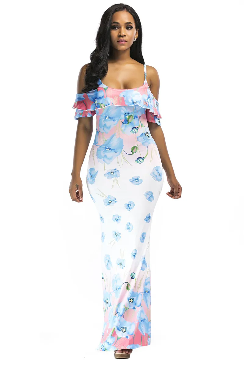 2019 New Ruffles Maxi Dress Floral Print Sexy Straped Off Shoulder Evening Party Clubwear Backless Spaghetti Strap Beach Dress (6)