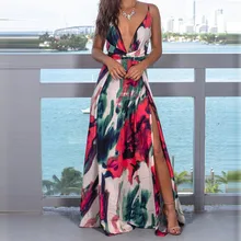 Женское длинное Макси платье Летнее Boho с v-образным вырезом пляжное сексуальное платье с принтом на бретельках без рукавов вечерние платья Vestidos