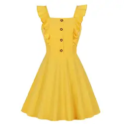 Летнее платье Для женщин желтый Новая мода Женщины рюшами стильные уличные Винтаж ТРАПЕЦИЕВИДНОЕ однотонное элегантного нежного образа, с