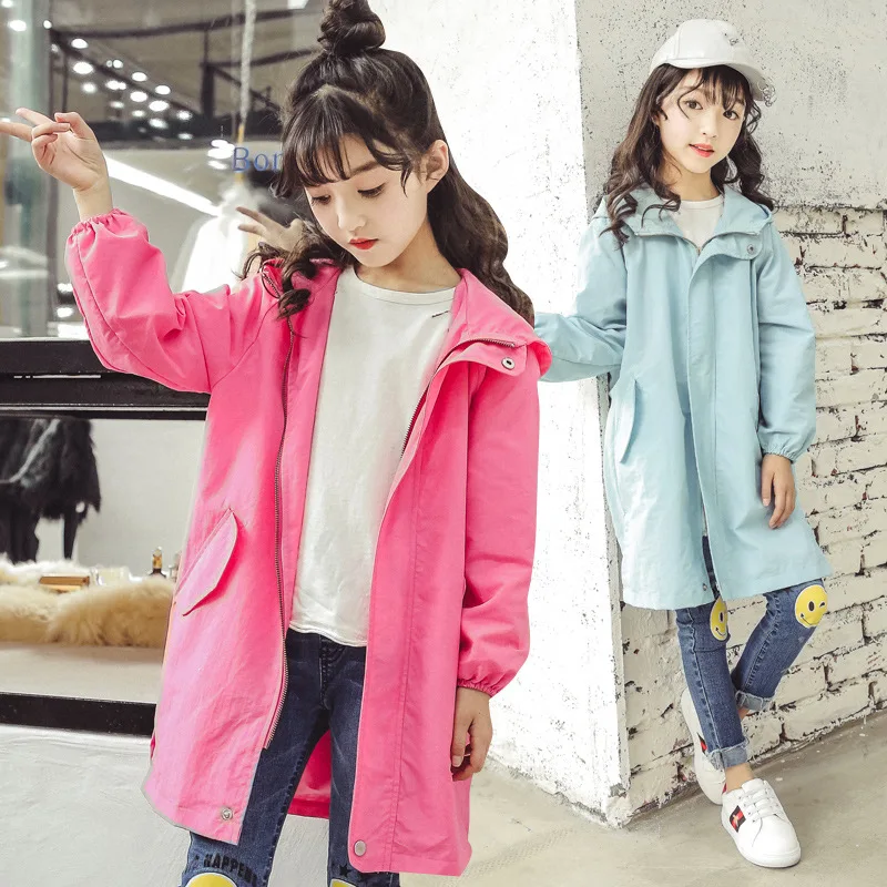 

Girl's Thin Coat Teenager Windbreaker Kids Long Jacket Fashion Hooded Outerwear Children's Clothes Outfits 4-13 Years