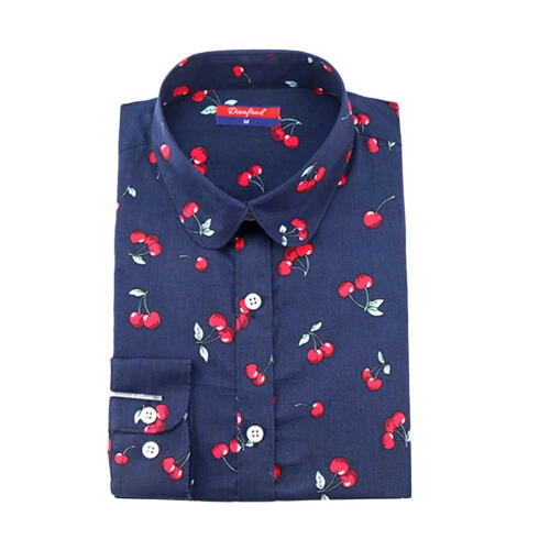 Dioufond женские блузки с вишнями рубашка с длинным рукавом отложной воротник Цветочная блузка размера плюс 5XL Женская винтажная хлопковая рубашка - Цвет: NavyCherry