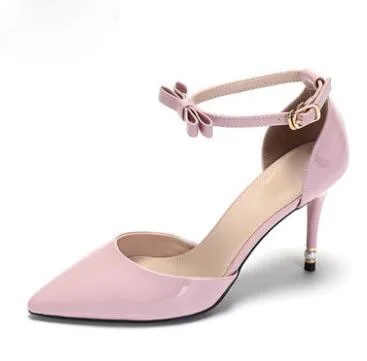 

2017 new arrival in spring stiletto high heels concise design butterfly-knot decoration pink black grey ankle strap shoes pumps