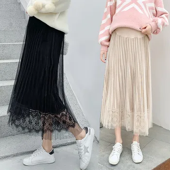 

2019 pregnant women gentle wind pleated skirt in the long stomach lift adjustable half-length mesh skirt pregnancy skirt
