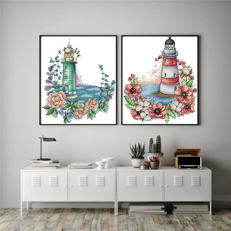 

Poppy and Rose Lighthouse Counted Aida Cross Stitch DMC 11CT 14CT Cross-Stitch Kit DIY Handmade Embroidery Crafts for Needlework