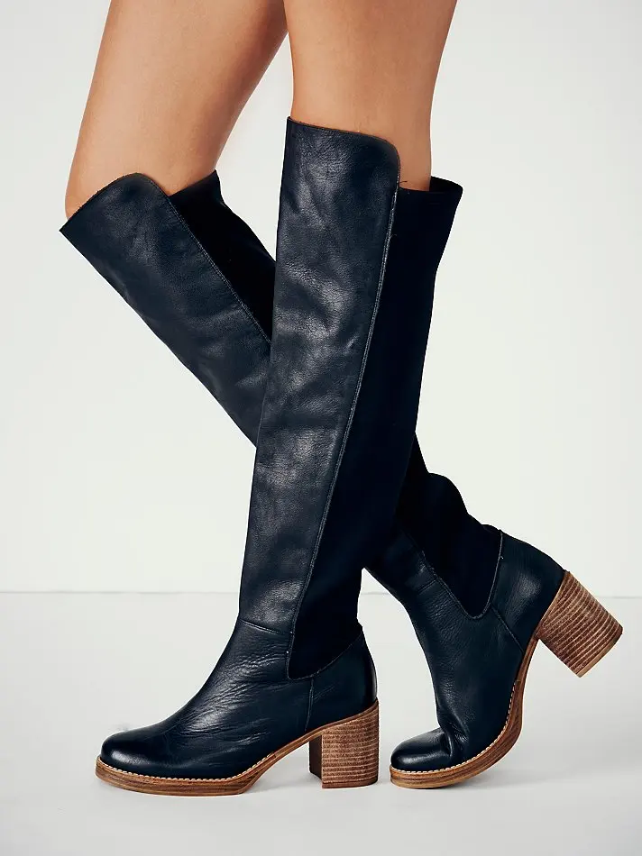 New-Winter-Women-Black-Round-Toe-Square-Heel-Slip-On-Knee-High-Boots ...