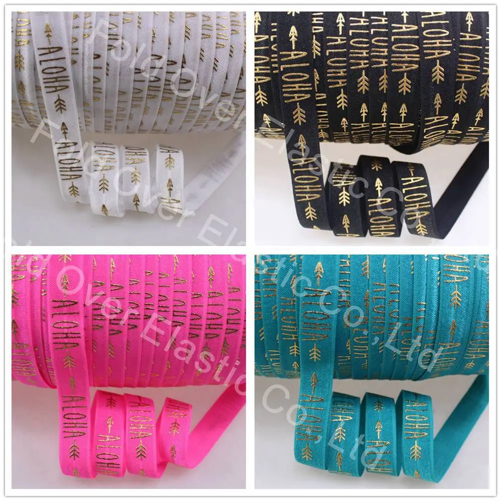 

4 colors gold foil ALOHA Printed foe elastic 5/8" fold over elastic 50 yards per lot