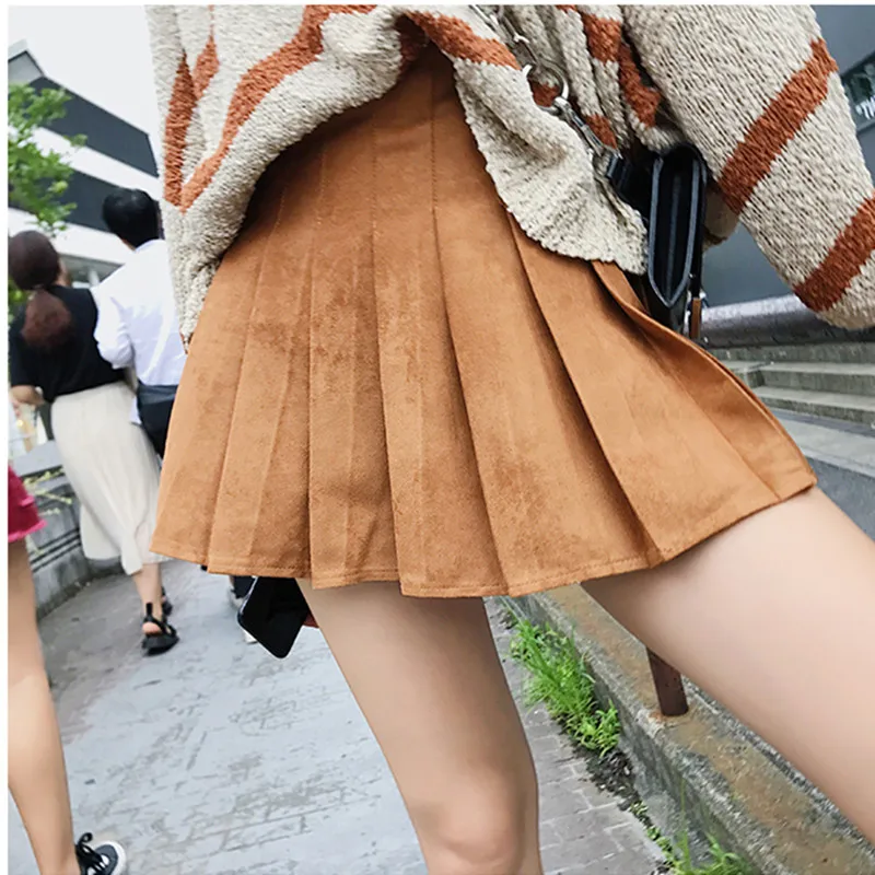 

MUMUZI Fashion High Waist Skirts 2019 Spring Faux Suede Pleated Skirt Khaki Black Gray Short Mini High Street Skirts Faldas Saia