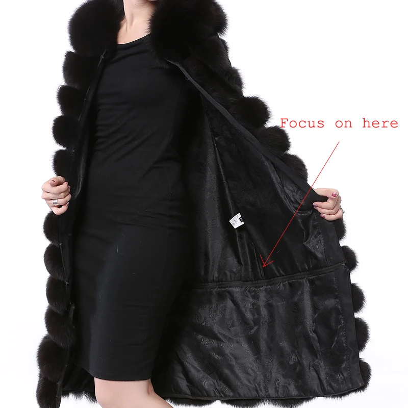 Women's Long Real Fur Black Vest Natural Fox Fur Vest With Detachable Bottom Wearing 110CM Vest