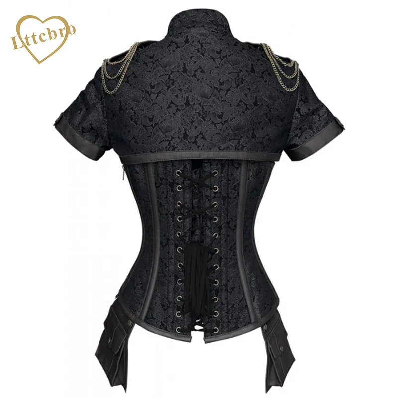 Steampunk Corset Jacket Retre Steel Boned Punk Overbust Bustiers Corsets Costumes Top With Gold Chain Front Steampunk Corset Jacket Retre Steel Boned Punk Overbust Bustiers Corsets Costumes Top With Gold Chain Front