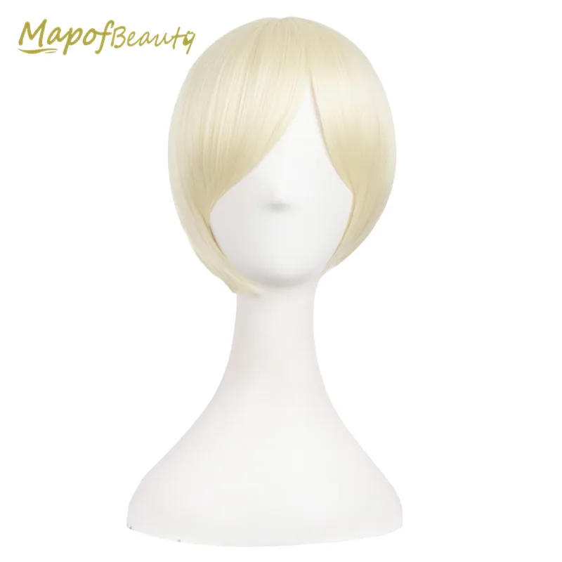 

MapofBeauty 12'' Short Straight Black White Gold Cosplay Wigs For Women Synthetic Hair Heat Resistant Hairpieces With Bangs