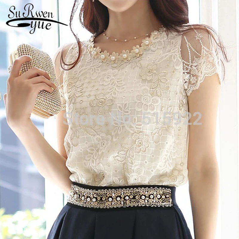

2018 NEW Elegant Beading O-neck Lace women blouse shirt Flowers Embroidered women's clothing Tops fashion women blusas 338A