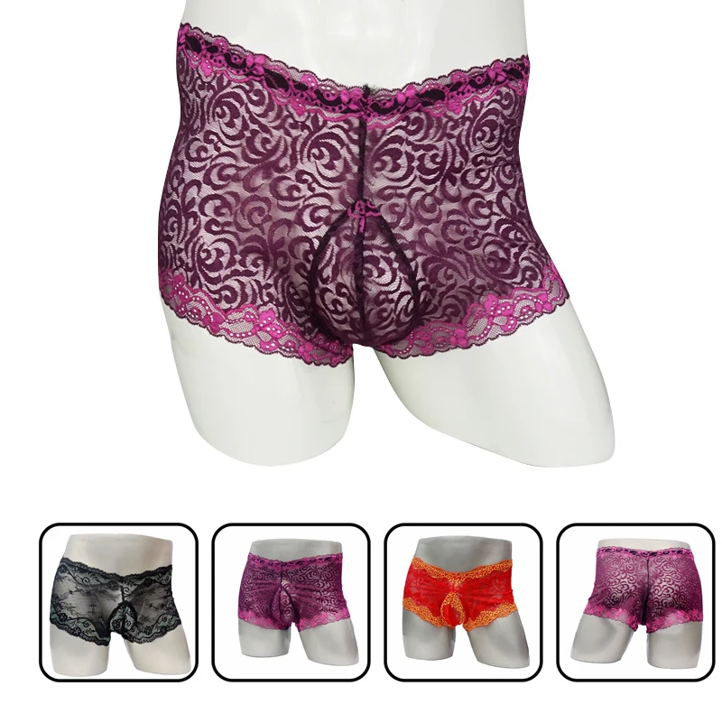 

Sissy men underwear sexy boxer Men Lace Underpants Gay Transparent Boxer Underwear Panties with Bulge Pouch