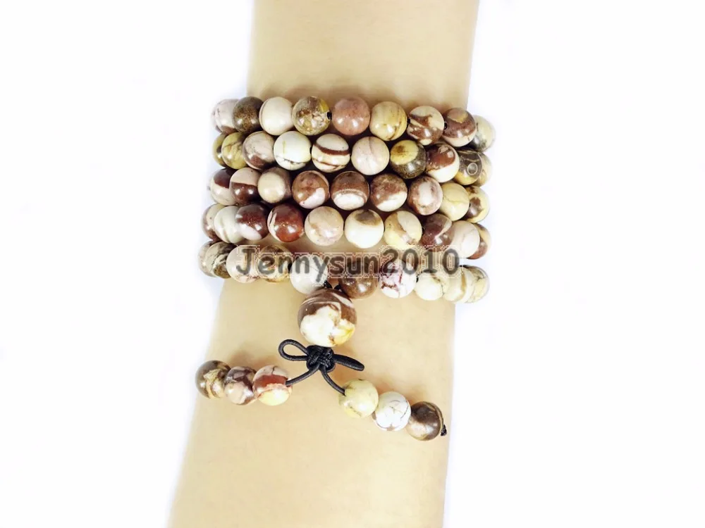 

Natural Brown Zebra 8mm Gem Stone Buddhist 108 Beads Prayer Mala Multi-Purpose Stretchy Bracelet Necklace 2Strands/Pack