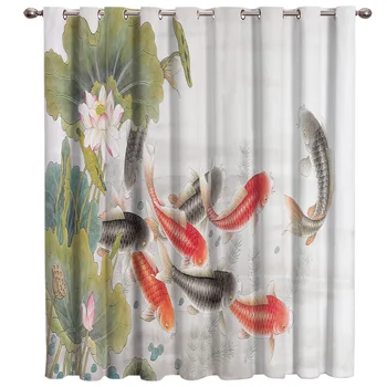 

Lotus Ink Painting Varicolored Koi Fish Living Room Decor Bedroom Drapes Fabric Kids Curtain Panels With Grommets Window