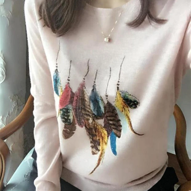 BELIARST весна круглый вырез чистый кашемировый свитер для женщин перо печати пуловер свитер рубашка Мода Тонкий Вязание