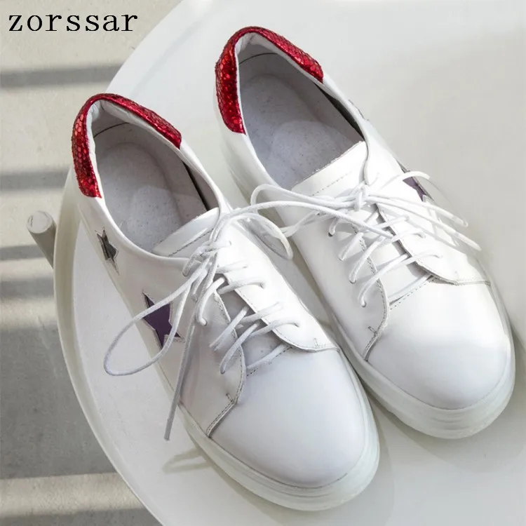 

flat shoes women 2019 New Spring Autumn Genuine Leather Sneakers Woman White Shoes Fashion Lace-up Flat Platform Shoes For women