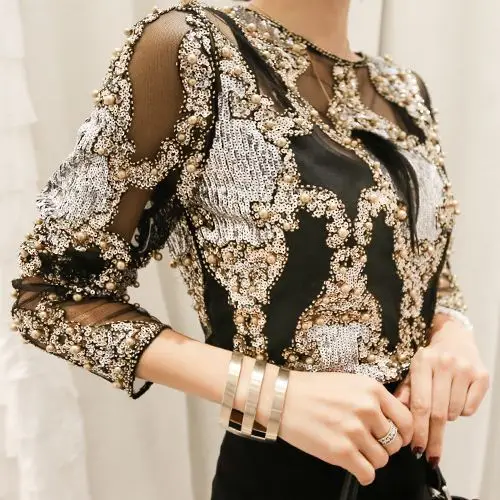  Luxury Runway Designer Women's Sheer Blouse Handmade Beading Female Sexy Blousas Shirt Party Elegan