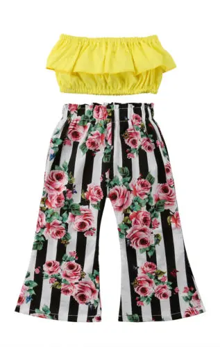 

2018 Fashion Toddler Clothes Cotton Girl Kids Outfit Off-shoulder Yellow Top +Floral Striped Flare Trousers Summer 1-6Y