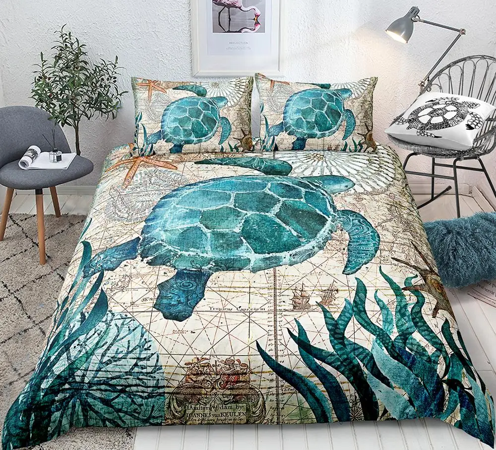Turtle Duvet Cover Set Ocean Turtle Bedding Set Teal Retro Style Home Textiles Mediterranean Style Quilt