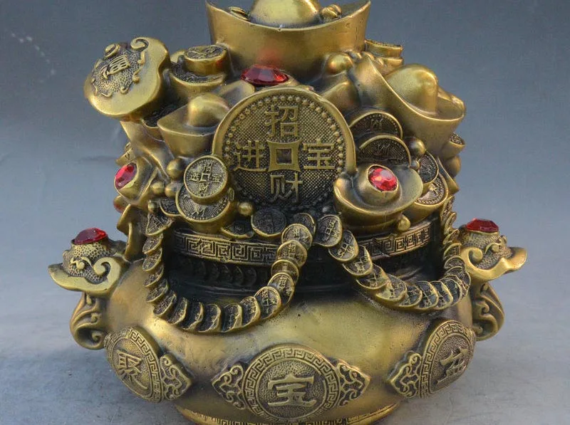 

8" China Bronze Wealth Blessing treasure bowl Money Yuan Bao Piggy Bank Statue
