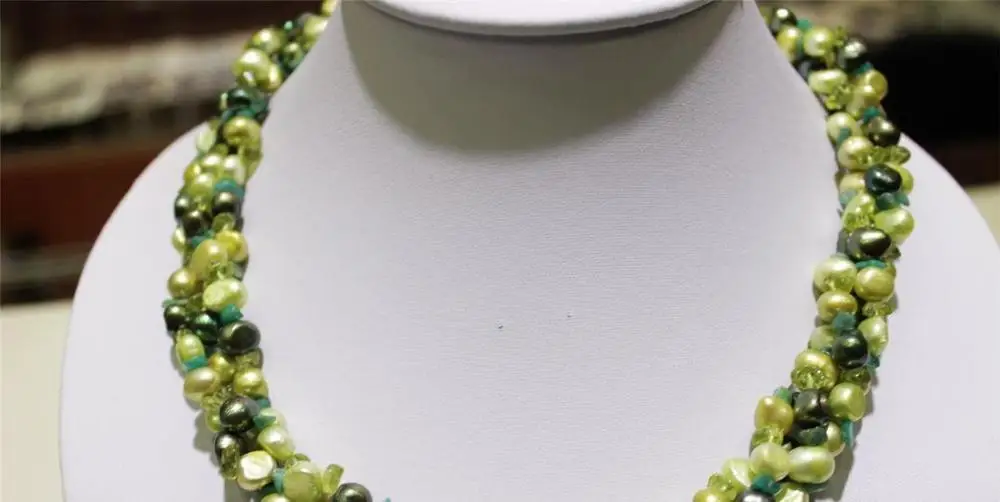 

3strands 6-7mm Green freshwater pearl & Gem Gravel Necklace 19" Alloy "handmade" a(5.18)