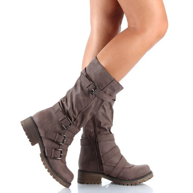 

VOGELLIA New Winter Boots Women Leather Martin Boot Low Heel Platform Mid Calf Round Toe Motorcycle Boots Buckle Zipp Autumn
