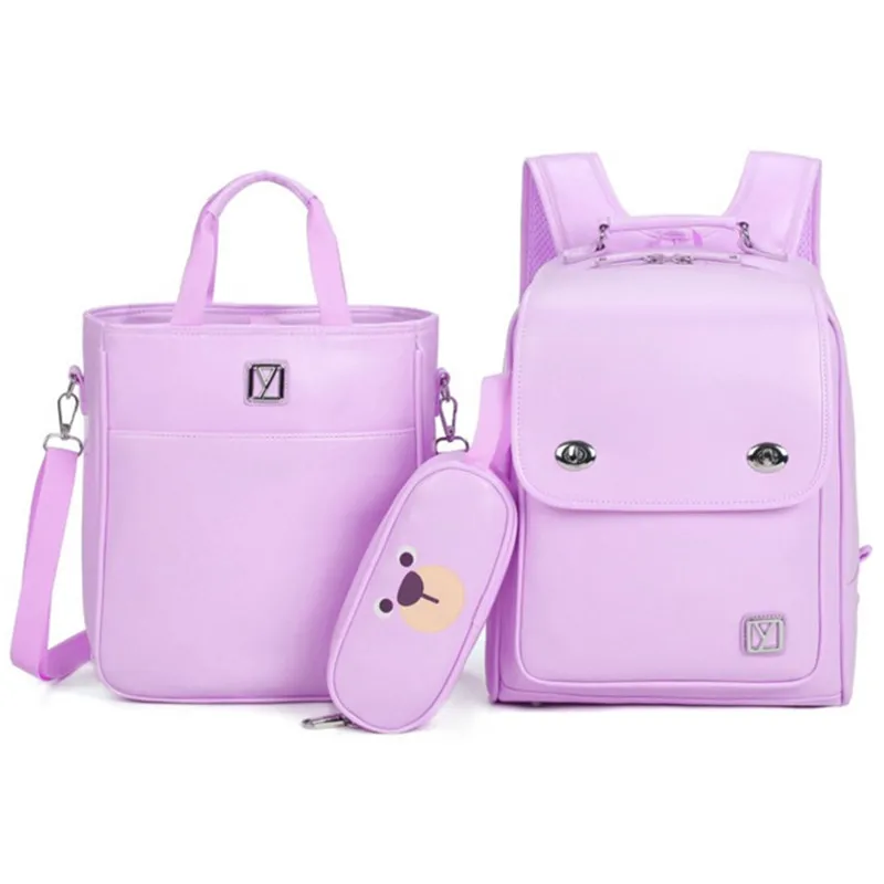 3 комплекта детские школьные ранцы для мальчиков и девочек PU школьный рюкзак Водонепроницаемый ранец Детская сумка для книг mochila с детской сумочкой - Цвет: Лаванда